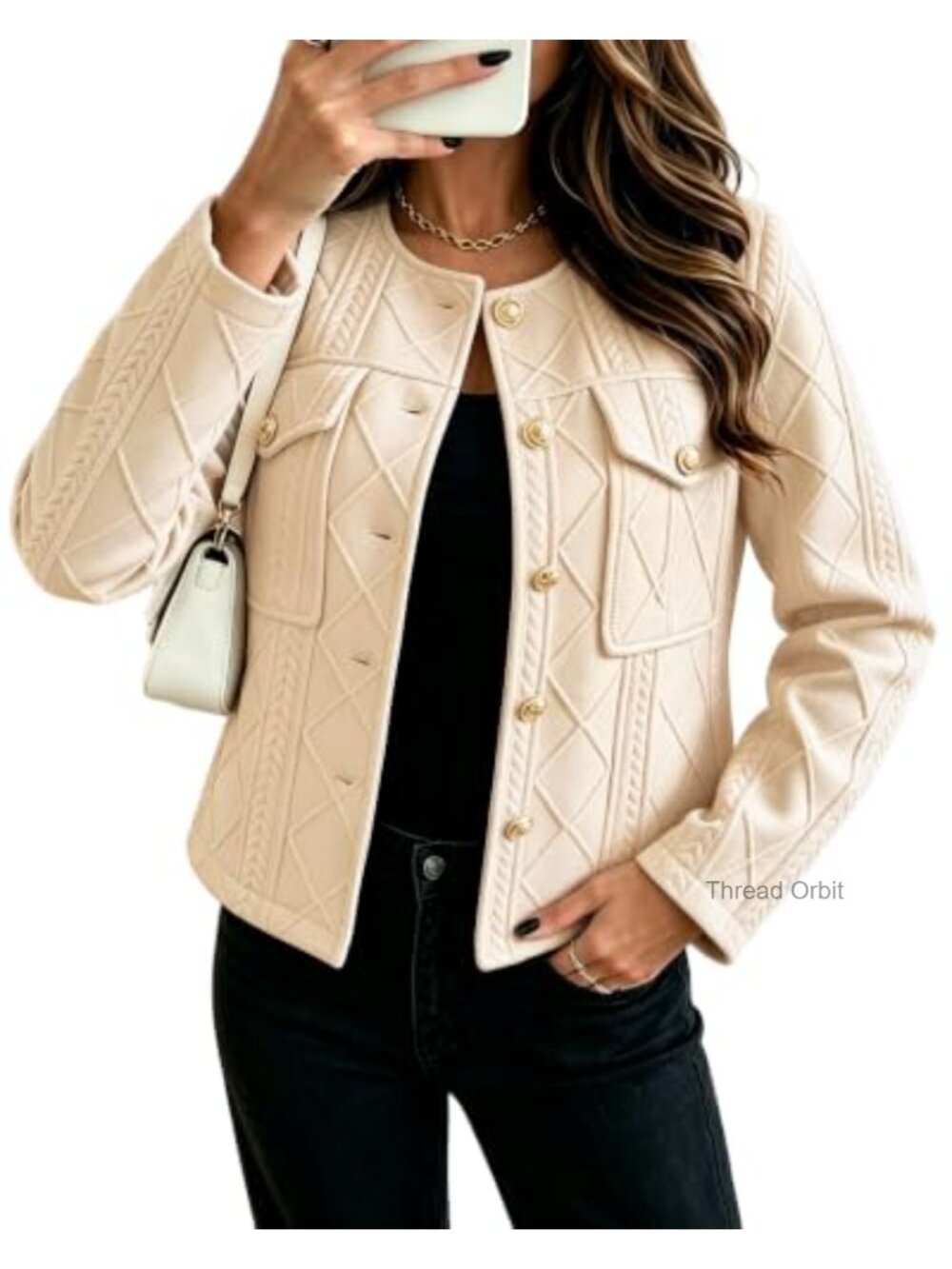 Collarless Blazer Jacket Cable Embossed Gold Button Business Casual
